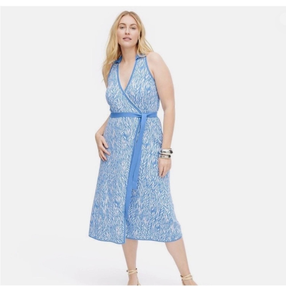 Diane Von Furstenberg Blue and White Sleeveless Maxi wrap sweater Dress